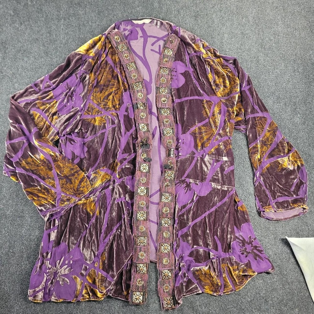 Soft Surroundings Purple Gold Floral Velvet Beaded Trim Cardigan 1X 5AA08